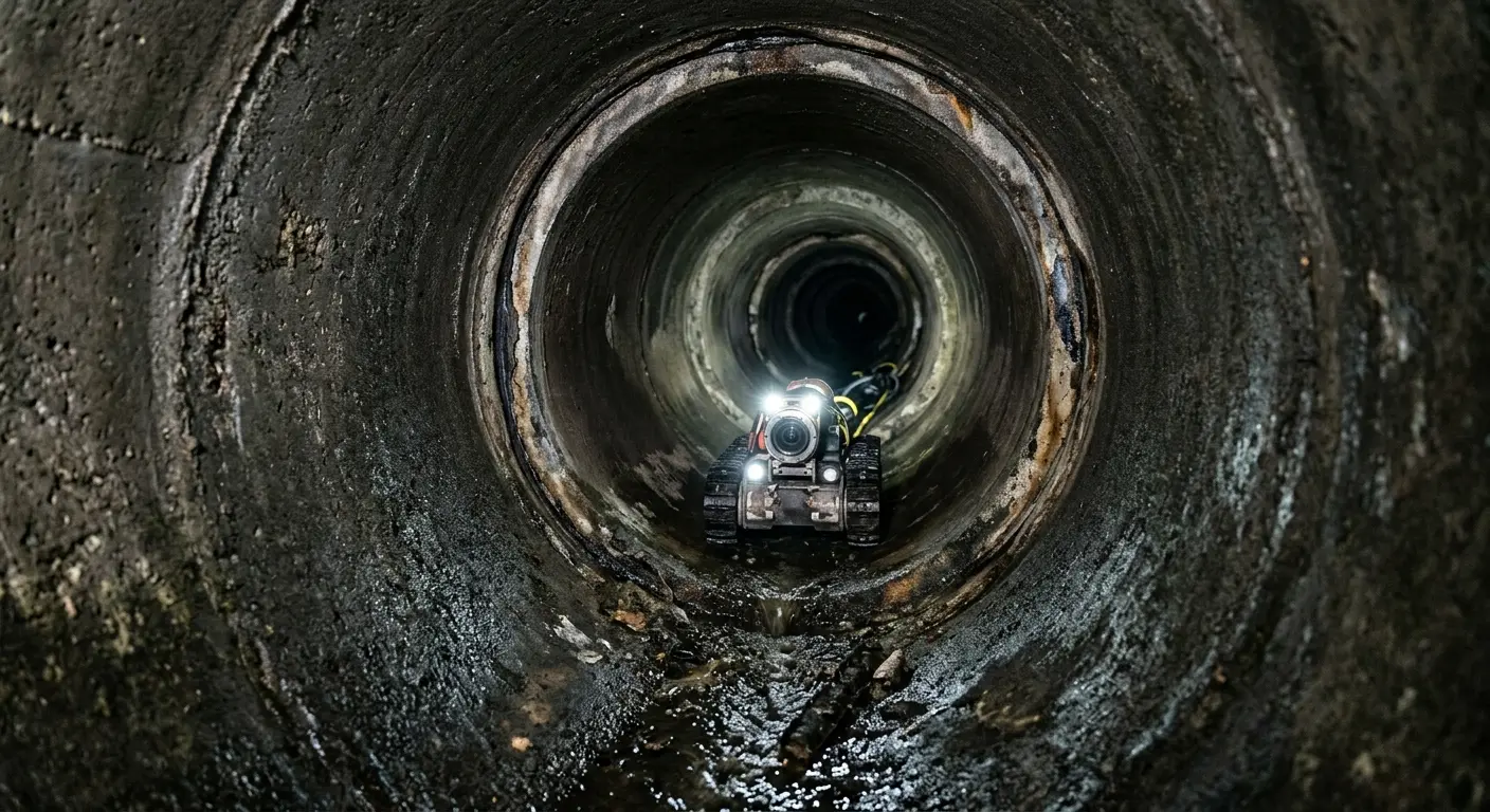 Robotic sewer camera inspecting pipe interior for Sewer Line Cleaning in Malden