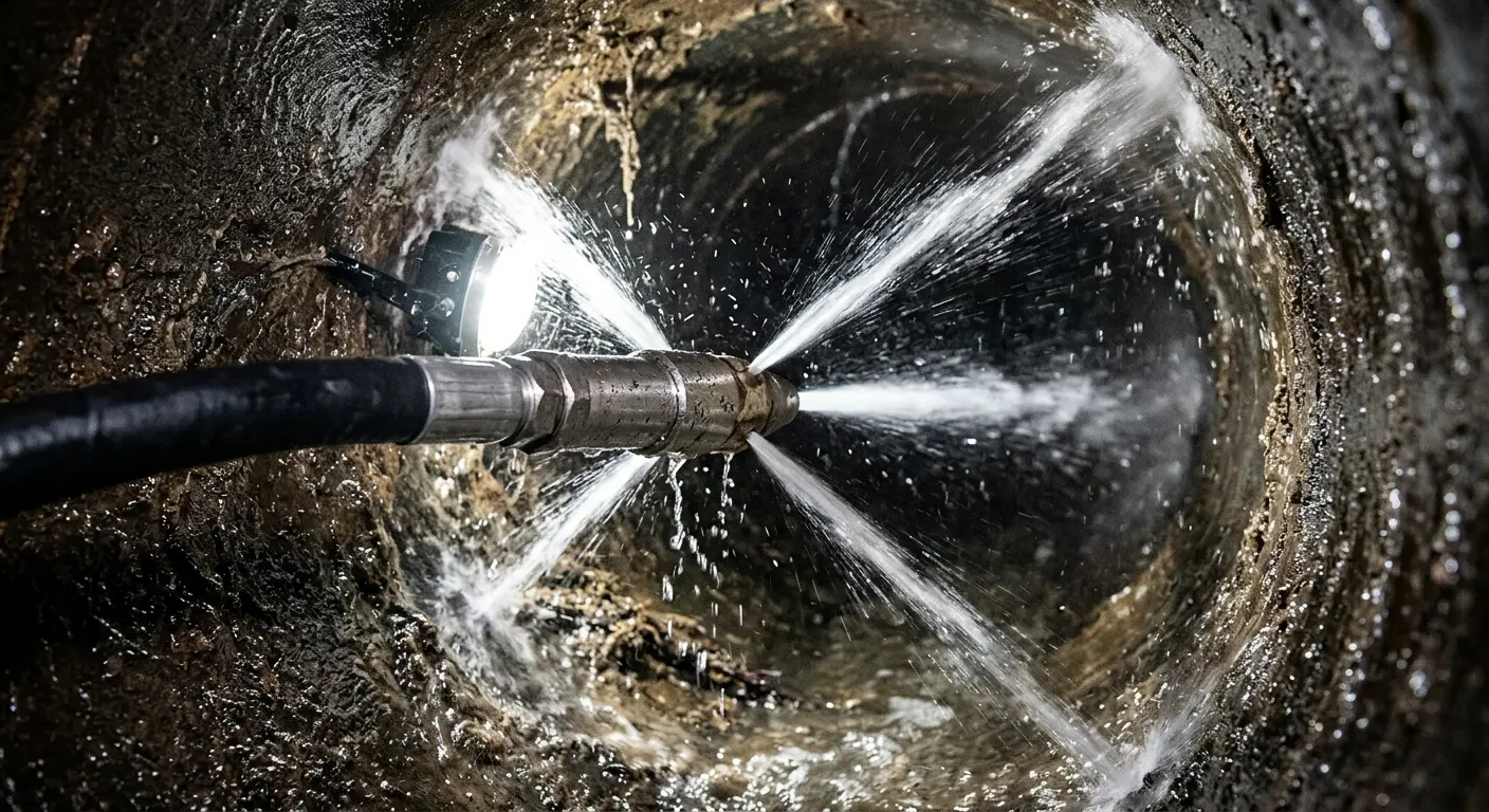 High-pressure hydro jetting nozzle cleaning sewer pipe for Sewer Cleanout in Malden