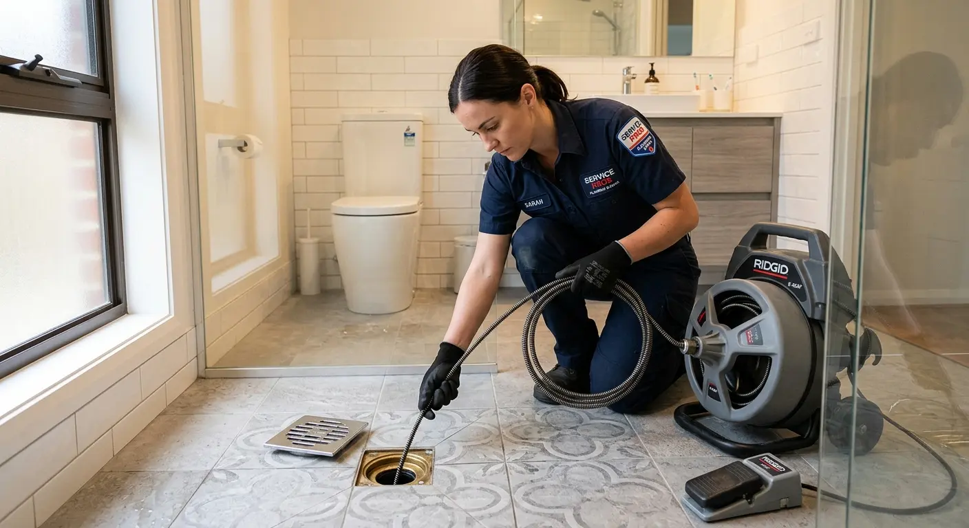 Technician clearing a bathroom floor drain for Sewer Line Replacement in Malden